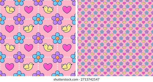 Patrón lindo sin fisuras con pequeños pájaros, flores y corazones sobre un fondo rosa. Ideal para el diseño de los niños, la decoración del vivero, textiles, papel de embalaje y Fondos de pantalla juguetones.
