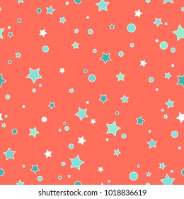 Seamless cute pattern with little blue stars and circles with outline on pink  background. Vector birthday illustration. Magic fireworks. Bright Stardust background. Constellation. 