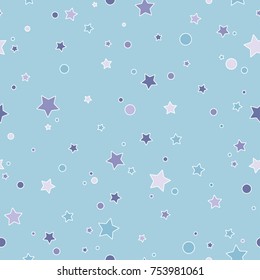 Seamless cute pattern with little blue and purple rounded stars and circles  with outline. Powder blue background. Vector illustration. Magic fireworks. Bright Stardust background. Constellation. 