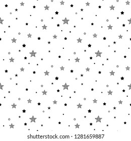 Un diseño impecable con estrellas negras, puntos y círculos sobre fondo blanco. Ilustración vectorial. Fuegos artificiales mágicos. Fondo de Stardust brillante. Constelación. 