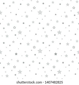 Seamless cute pattern with little different grey stars, dots and circles on white background. Vector illustration. Magic fireworks. Bright Stardust background. Constellation. 