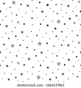 Seamless cute pattern with little different black stars, dots and circles on white background. Vector illustration. Magic fireworks. Bright Stardust background. Constellation. 