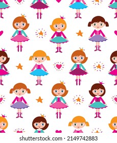 Seamless cute pattern with little girls for kids textile, wallpapers, gift wrap, scrapbook, birthday party, Invitation. Sketch for your design. Vector