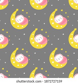 Seamless cute pattern, little kitten sleeps on the crescent moon, good night. Printing for packaging, wallpaper, fabric, textile. Vector illustration for children.
