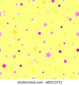 Seamless cute pattern with little pink stars and circles of with outline. Yellow background. Vector birthday illustration. Magic fireworks. Bright Stardust background. Constellation. 