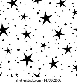 Seamless cute pattern with little rounded back stars, dots and circles on white background. Vector illustration. Magic fireworks. Bright Stardust background. Constellation. 