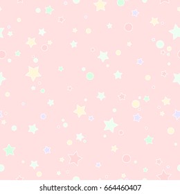 Seamless cute pattern with little rounded stars and circles of different  colors with outline. Powder pink background. Vector illustration. Magic fireworks. Bright Stardust background. Constellation. 