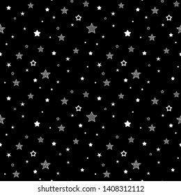 Seamless cute pattern with little white stars, dots and circles on black background. Vector illustration. Magic fireworks. Bright Stardust background. Constellation. 