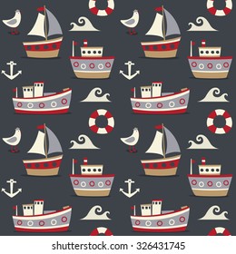 Seamless cute pattern made with boats, ships, wave, water, lifeline, seagull, sea and anchor