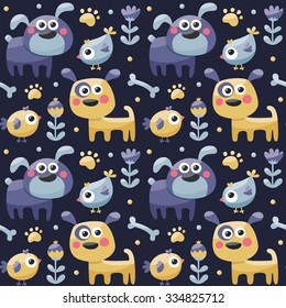 Seamless cute pattern made with dogs, birds, flowers, bone, paw, plants