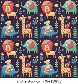 Seamless cute pattern made with elephants, lion,giraffe, birds, plants, jungle, flowers, hearts, leafs, stone, berry for kids