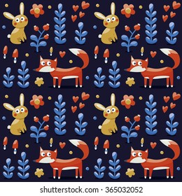 Seamless cute pattern made with fox, rabbit, hare, flowers, animals, plants, mushrooms, hearts for kids