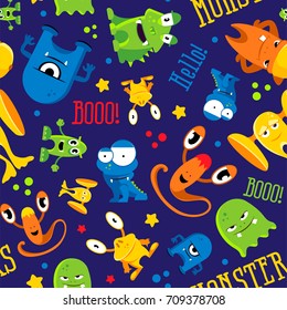 Seamless cute pattern made with monsters, bubbles and words hello, monster