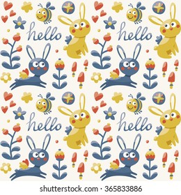 Seamless cute pattern made with rabbit, hare, flowers, animals, plants, hearts, hello for kid, Valentine's day, lovers, couple, postcard