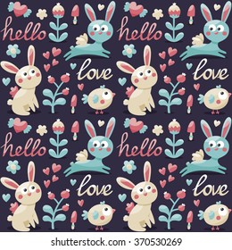 Seamless cute pattern made with rabbit, hare, flowers, animals, plants, hearts, love, hello, berry, Valentine's day, lovers, couple postcard