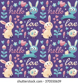 Seamless cute pattern made with rabbit, hare, flowers, animals, plants, hearts, love, hello, berry, Valentine's day, lovers, couple postcard