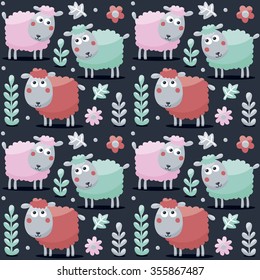 Seamless cute  pattern made with sheep, flowers, animals, plants and bulbs