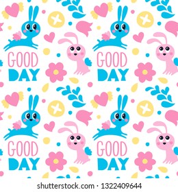 Seamless cute pattern maked with rabbit with wings, flowers, hearts and good day