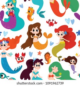 Seamless cute pattern with mermaids on white background.Magic background can be used for wallpapers, pattern fills, surface textures.