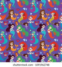 Seamless cute pattern with mermaids on color background.Magic background can be used for wallpapers, pattern fills, surface textures.