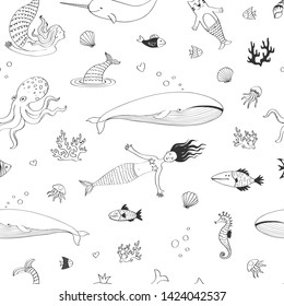 Seamless cute pattern with mermaids and other underwater creatures