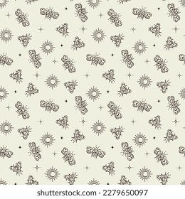 Seamless cute pattern of moths, moon, sun and stars great for textiles, home decor, stationery, wrapping paper, fashion, baby clothes, kids wear and more.