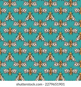 A seamless cute pattern of moths, with moon and stars wing details, and great for textiles, home decor, stationery, wrapping paper, fashion, baby clothes, kids wear, and more.