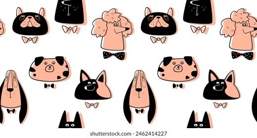 Seamless cute pattern: muzzles of dogs of different breeds: basset, corgi, bulldog. Vector stylish hand drawn illustration.