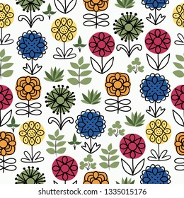 Seamless cute pattern, nature in summer, abstract flowers and plants, forest, hand drawn, flat style, vector illustration