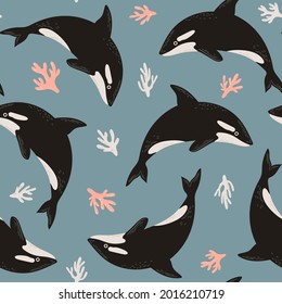 Seamless cute pattern orca or killer whale and corals. Undersea illustration for kids design, fabric, textile