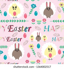 Seamless cute pattern with ornamental flowers, rabbits, chicks, eggs. Easter holiday background for printing on fabric, paper for scrapbooking, gift wrap and wallpapers Happy easter day mandala