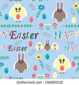 Seamless cute pattern with ornamental flowers, rabbits, chicks, eggs. Easter holiday background for printing on fabric, paper for scrapbooking, gift wrap and wallpapers Happy easter day mandala