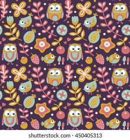 Seamless cute pattern with owl, bird, flowers, plants, leaf, berry, heart