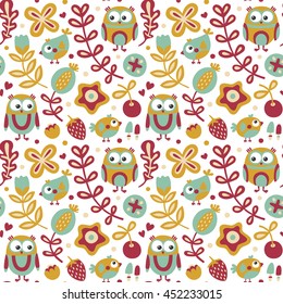 Seamless cute pattern with owl, bird, flowers, plants, leaf, berry, heart