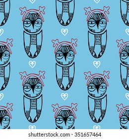 Seamless cute pattern with owl. Hand drawn background.