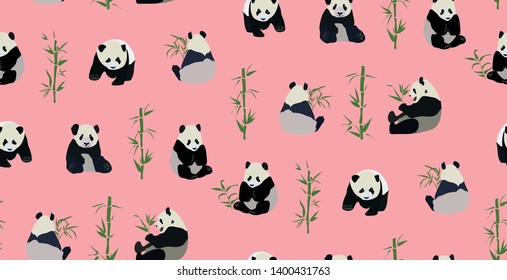 Seamless cute pattern with panda and bamboo on pink background.