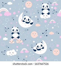 Seamless cute pattern with panda and moon. Sweet dream ,Kawaii style.