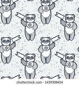 Seamless cute pattern. Panda with pennon. Cartoon hand drawn vector illustration. Nice for t-shirt print, kids wear fashion design, clip-art, baby shower invitation cards