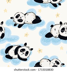 Seamless cute pattern of pandas on the blue clouds and stars. Vector hand drawn illustration in doodle style. Kids wallpaper, wrapping design, baby prints.