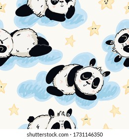 Un lindo patrón de pandas en las nubes y estrellas azules. Ilustración dibujada a mano por vectores en estilo doodle. Papel tapizado para niños, diseño de envoltura, huellas para bebés.
