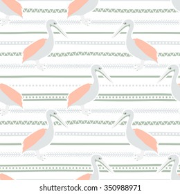 Seamless cute pattern. Pelicans on a white background. Grey and pink ethnic horizontal stripes. Vector illustration.