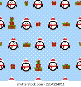 Nahtlose süße Muster, Pinguine und Geschenke. Druck für Umhüllung, Tapete, Stoff, Textilien. Weihnachts- und Neujahrskarten.