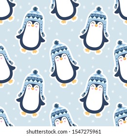 Seamless cute pattern, penguins, snow, snowflakes. Penguin in knit scarf, winter. Print for wrapping, wallpaper, fabric, textile. Cartoon vector illustration for children, boys. Blue background.