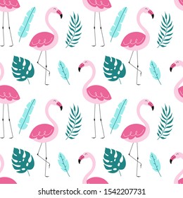 Seamless cute pattern, pink flamingos, tropical leaves, summer. Print for fabric, textile, wallpaper, packaging.
