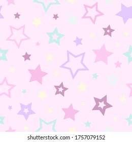 Seamless cute pattern with pink, yellow and green stars on pastel pink background. Vector illustration. Magic fireworks. glittering sky. Bright Stardust background. Constellation. 