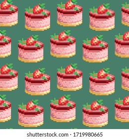 Seamless cute pattern with pixel cakes. Abstract appetizing food illustrations for video games, stickers, greeting card, print on fabric or background for presentation. EPS 10

