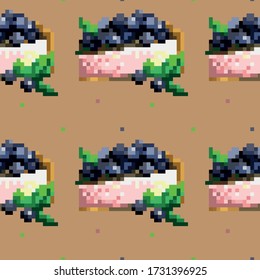 Seamless cute pattern with pixel cakes. Abstract appetizing food illustrations for video games, stickers, greeting card, print on fabric or background for presentation. EPS 10
