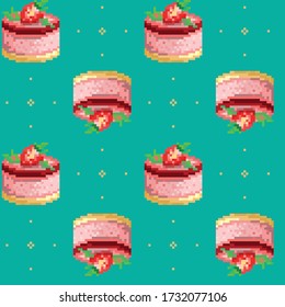 Seamless cute pattern with pixel cakes. Abstract appetizing food illustrations for video games, stickers, greeting card, print on fabric or background for presentation. EPS 10
