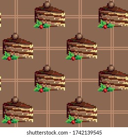 Seamless cute pattern with pixel cakes. Abstract appetizing food illustrations for video games, stickers, greeting card, print on fabric or background for presentation. EPS 10
