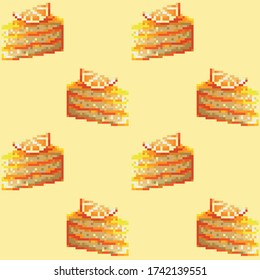Seamless cute pattern with pixel cakes. Abstract appetizing food illustrations for video games, stickers, greeting card, print on fabric or background for presentation. EPS 10
